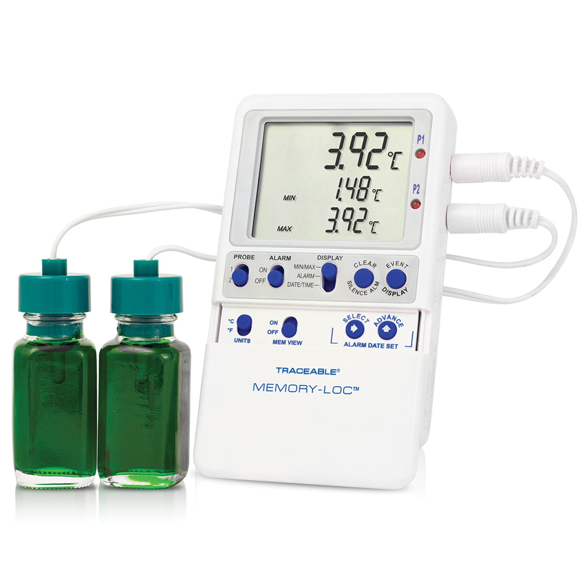 Thermometer Datalogging Refrigerator / Freezer Thermometer with Alarm Traceable® Memory-Loc™ Fahrenheit / Celsius -58° to +158°F (-50° to +70°C) 2 Glycol Bottle Probes Multiple Mounting Options Battery Operated by Cole-Parmer Intrument  ID 94460-39